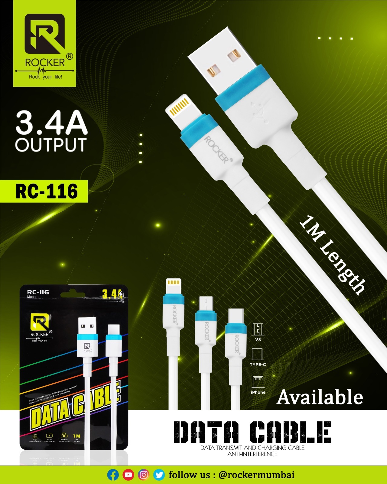 Type C 3.4 Amp Data Charging Cable, Types: Type C, Brand: Rocker, Quantity Slab: 10 Pcs, Models: Type C 3.4 Amp Data Charging Cable2